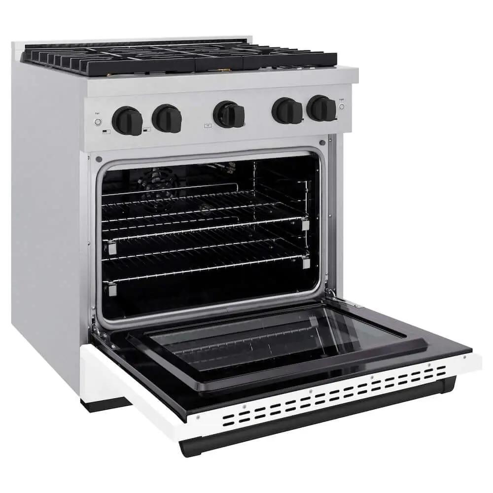 ZLINE 30"Gas Range, Convection Gas Oven, DuraSnow® White Matte, Matte Black SGRSZ-WM-30-MB by Farmhouse Kitchen and Bath