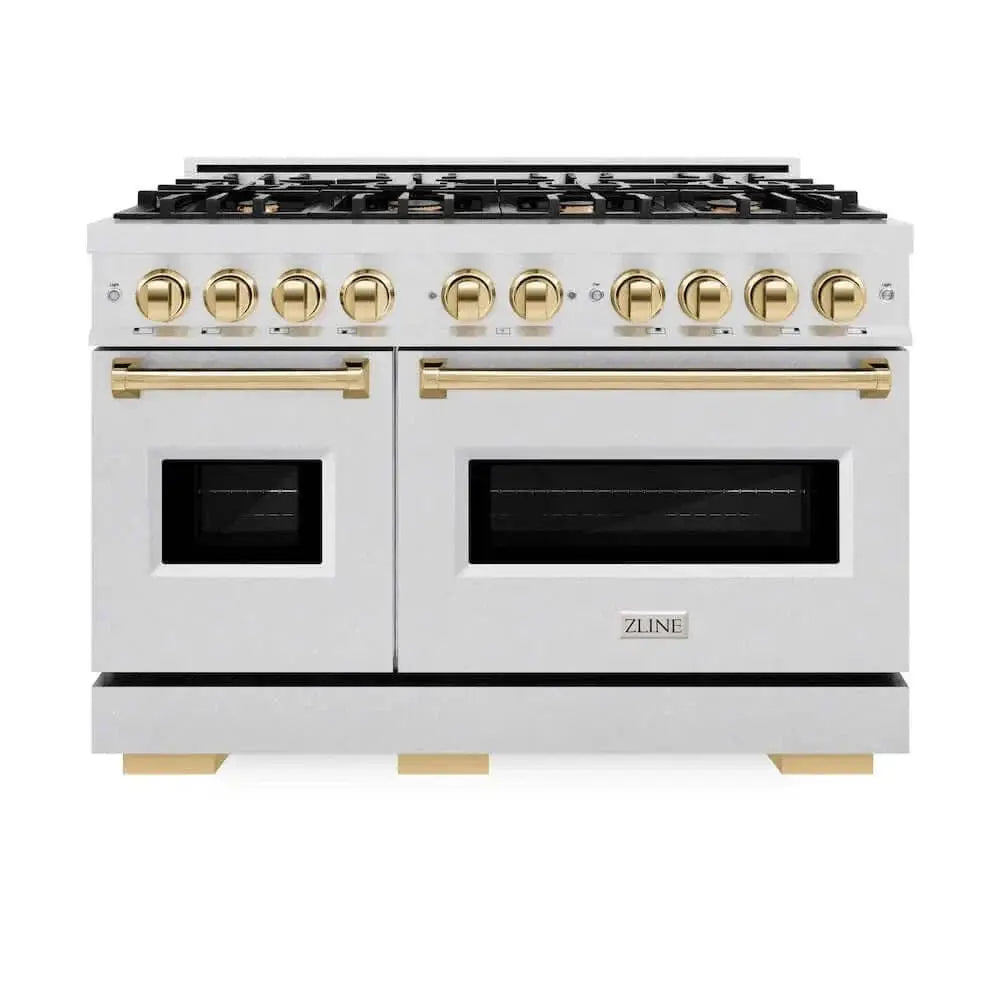 ZLINE 48" Dual Fuel Range, Gas Cooktop, Electric Convection Oven DuraSnow® Stainless Steel, Gold CDRSZ-48-G by Farmhouse Kitchen and Bath
