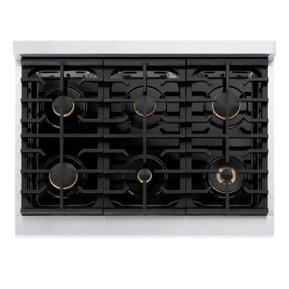 ZLINE 36"Gas Range, Convection Gas Oven, DuraSnow® White Matte, Gold SGRSZ-WM-36-G by Farmhouse Kitchen and Bath