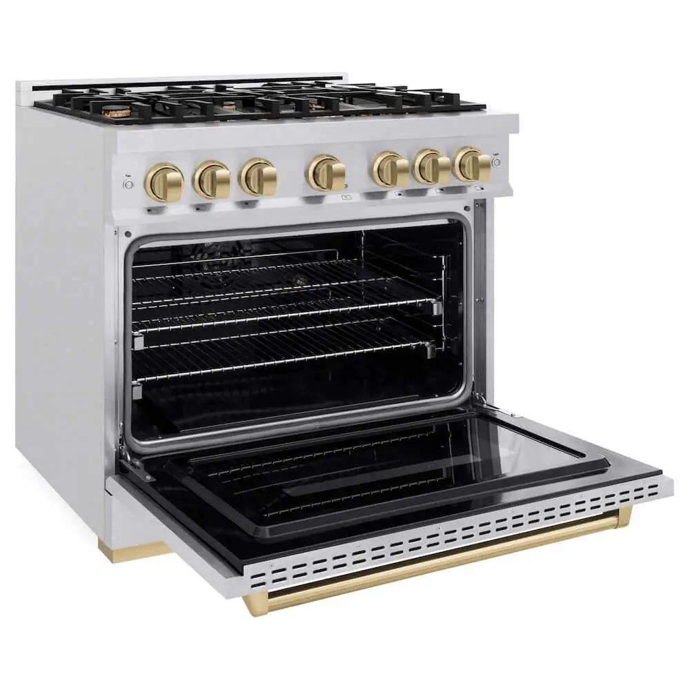 ZLINE 36" Classic Gas Range, Convection Gas Oven DuraSnow® Stainless Steel, Champagne Bronze CGRSZ-36-CB by Farmhouse Kitchen and Bath
