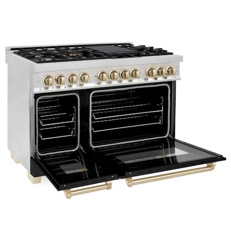 ZLINE 48" Autograph Dual Fuel Range, Black, Gold, RAZ-BLM-48-G by Farmhouse Kitchen and Bath