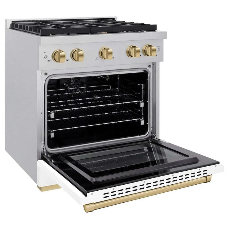 ZLINE 30"Gas Range, Convection Gas Oven, DuraSnow® White Matte, Champagne Bronze SGRSZ-WM-30-CB by Farmhouse Kitchen and Bath