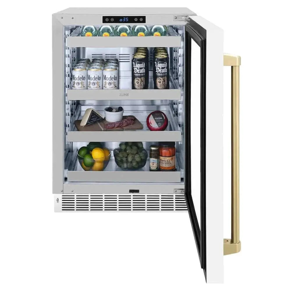 ZLINE 24" Touchstone 151 Can Beverage Fridge White Matte Glass Door Champagne Bronze Handle RBSOZ-WM-24-CB by Farmhouse Kitchen and Bath