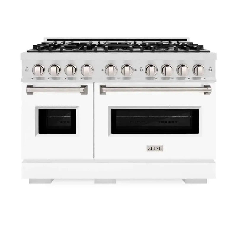 ZLINE 48" Dual Fuel Range, Gas Cooktop, Electric Convection Oven DuraSnow® Stainless Steel, White Matte Door CDRS-WM-48 by Farmhouse Kitchen and Bath