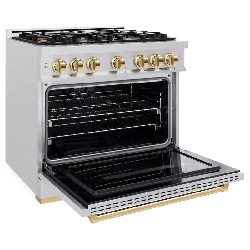 ZLINE 36" Classic Gas Range, Convection Gas Oven DuraSnow® Stainless Steel, Gold CGRSZ-36-G by Farmhouse Kitchen and Bath