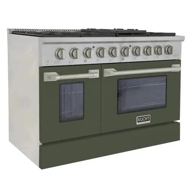 Kucht 48" Propane Range in Stainless Steel, Olive Green Doors, KNG481/LP-OG by Farmhouse Kitchen and Bath