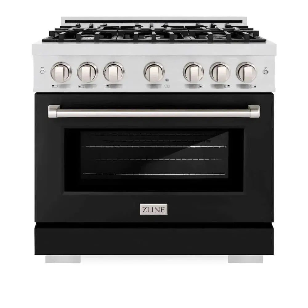 ZLINE 36" Select Gas Range Convection Gas Oven DuraSnow® Stainless Steel Black Matte Door HGRS-BLM-36 by Farmhouse Kitchen and Bath