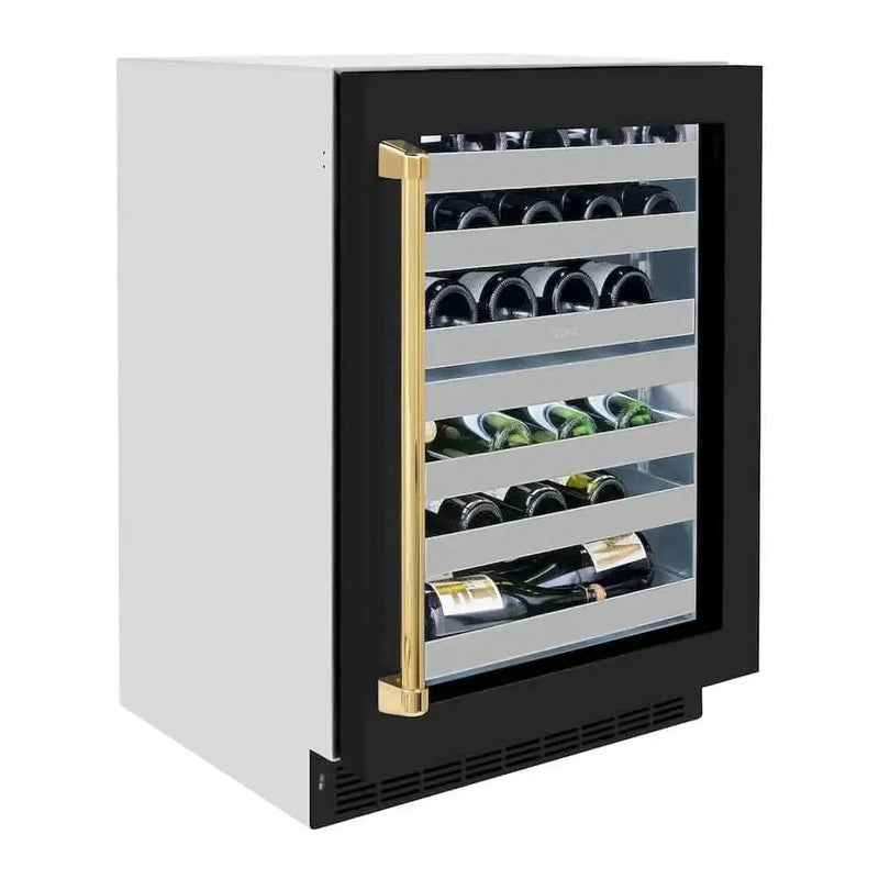 ZLINE 24" Touchstone Dual Zone 44 Bottle Wine Cooler Black Matte Glass Door Polished Gold Handle RWDOZ-BLM-24-G by Farmhouse Kitchen and Bath