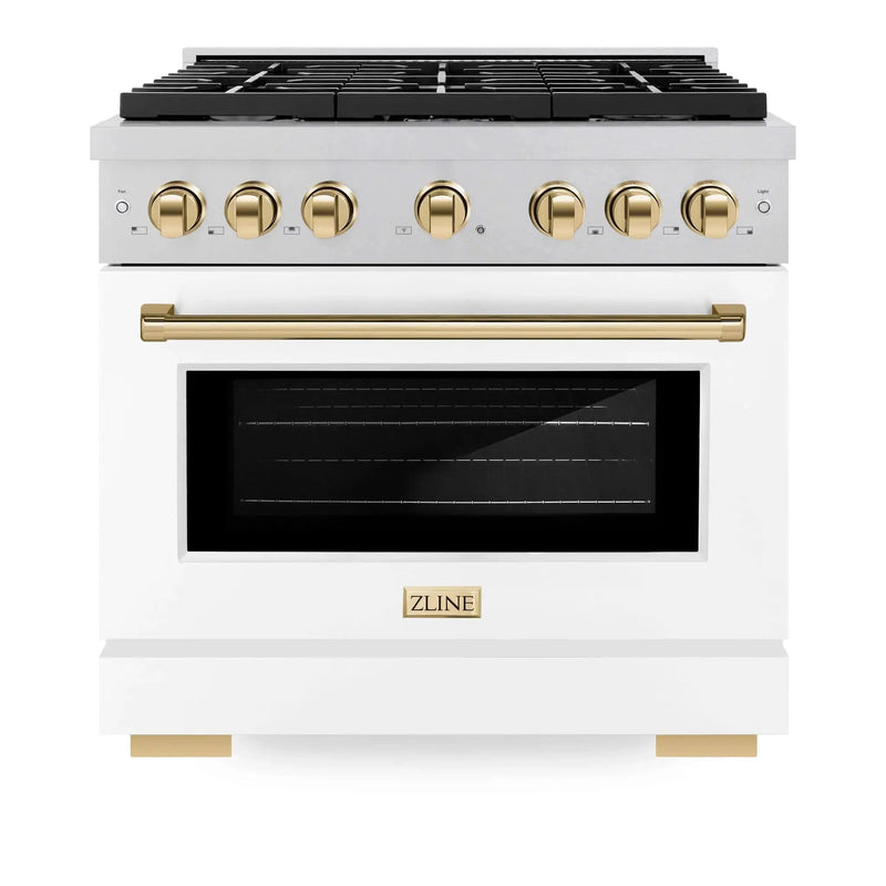 ZLINE 36"Paramount Dual Fuel Range DuraSnow® White Matte, Gold SDRSZ-WM-36-G by Farmhouse Kitchen and Bath