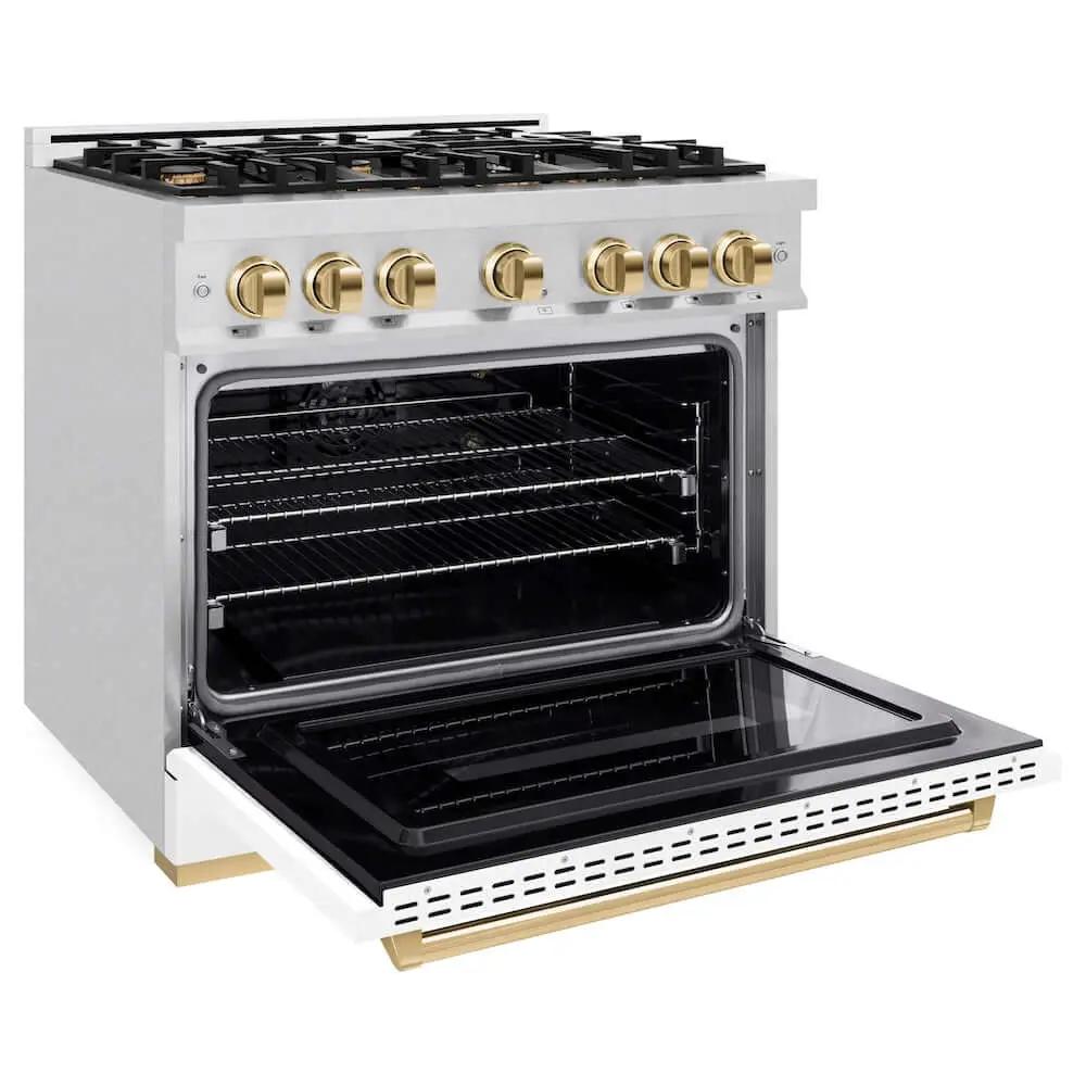 ZLINE 36"Classic Gas Range, Convection Gas Oven, DuraSnow® Stainless Steel, White Matte Door Polished Gold CGRSZ-WM-36-G by Farmhouse Kitchen and Bath