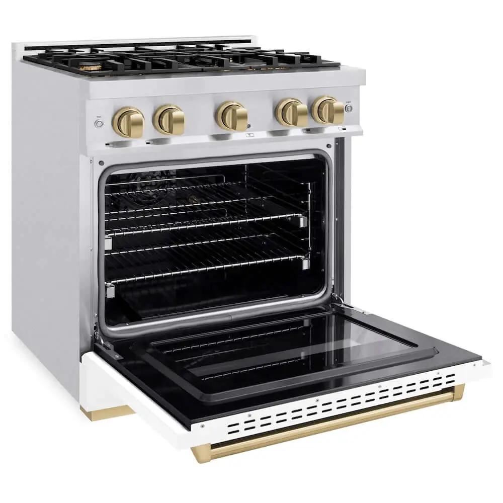 ZLINE 36" Dual Fuel Range, Gas Cooktop, Electric Convection Oven DuraSnow® Stainless Steel, White Matte Door Polished Gold CDRSZ-WM-36-G by Farmhouse Kitchen and Bath