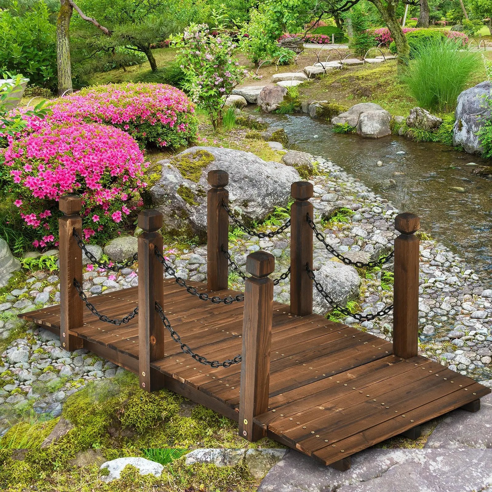 5 Feet Wooden Garden Bridge Arc Footbridge Stained Finish Walkway with Safety Rails by DirectDeals