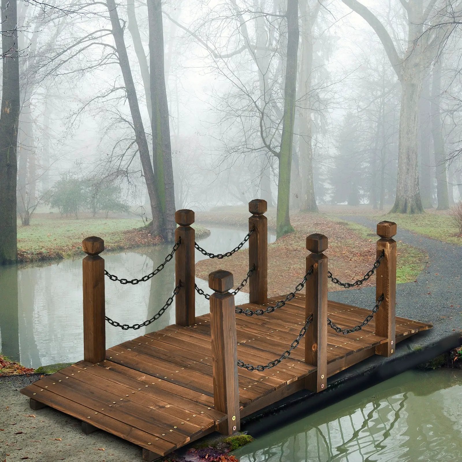 5 Feet Wooden Garden Bridge Arc Footbridge Stained Finish Walkway with Safety Rails by DirectDeals