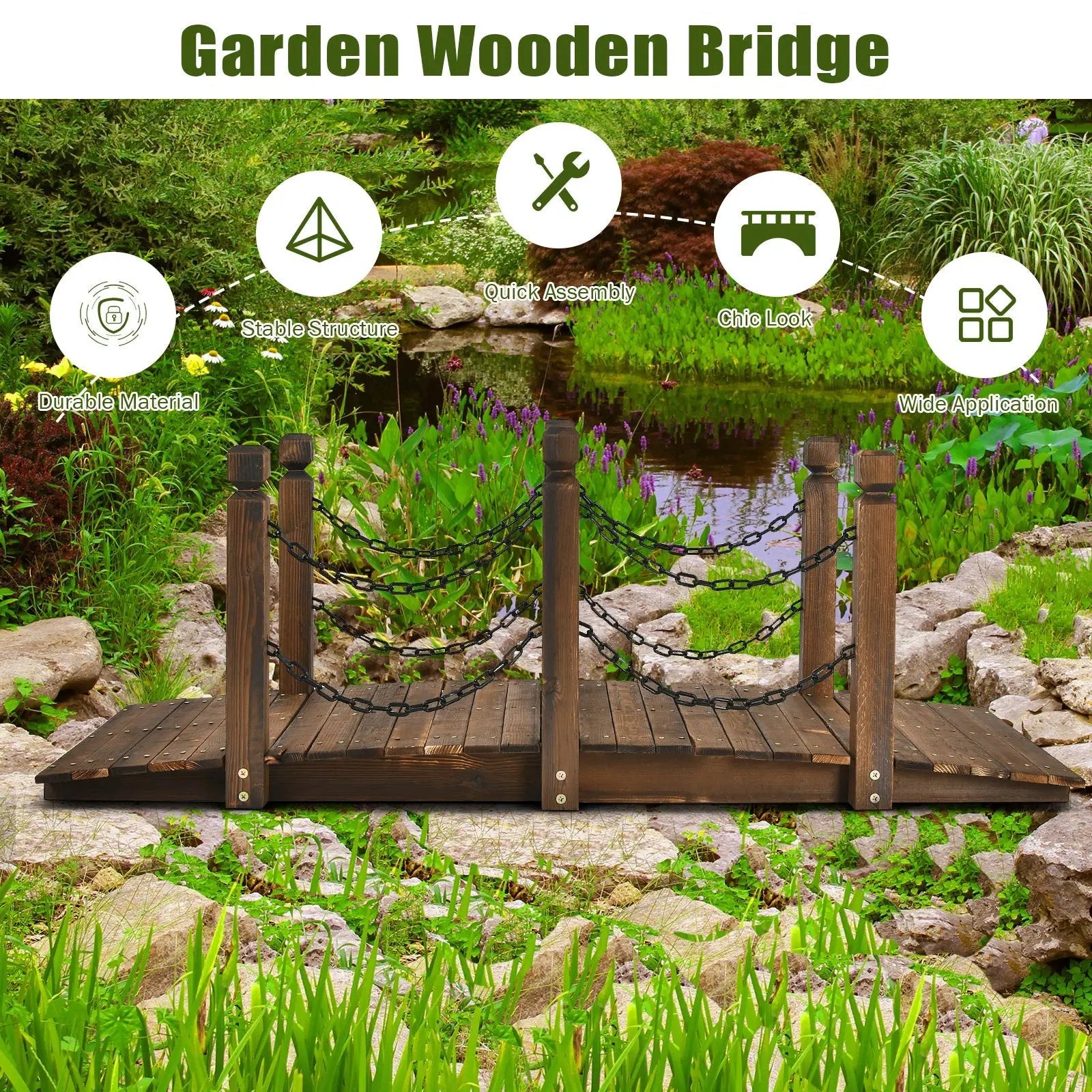 5 Feet Wooden Garden Bridge Arc Footbridge Stained Finish Walkway with Safety Rails by DirectDeals