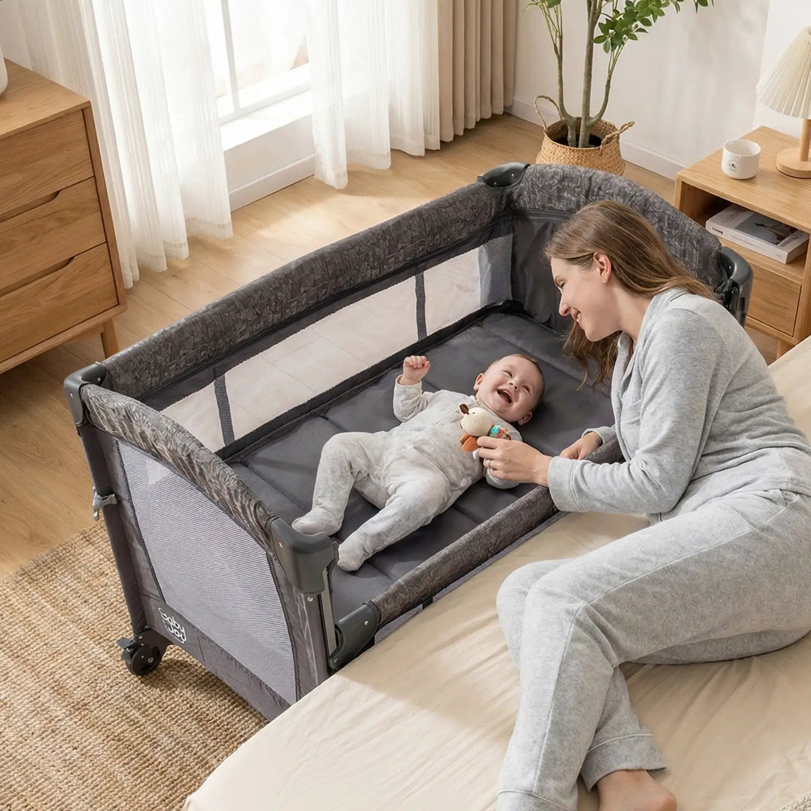 5-in-1 Bedside Bassinet with Diaper Changer and Mattress-Gray by DirectDeals