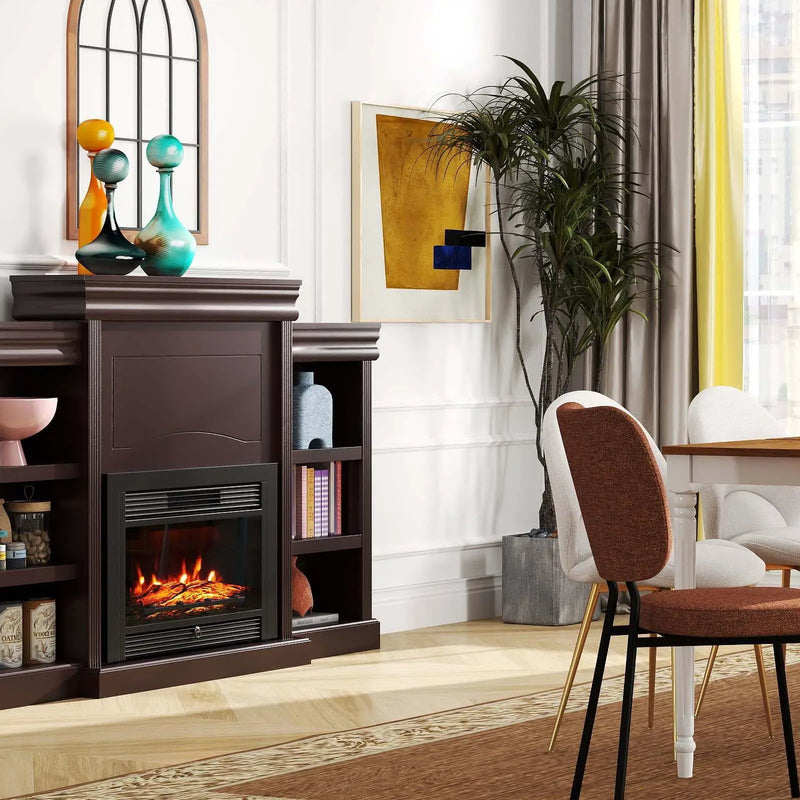 5-in-1 Complete Dining Room Set: Extendable Table 4 Chairs Electric Fireplace Media Console & Bamboo Sideboard by DirectDeals