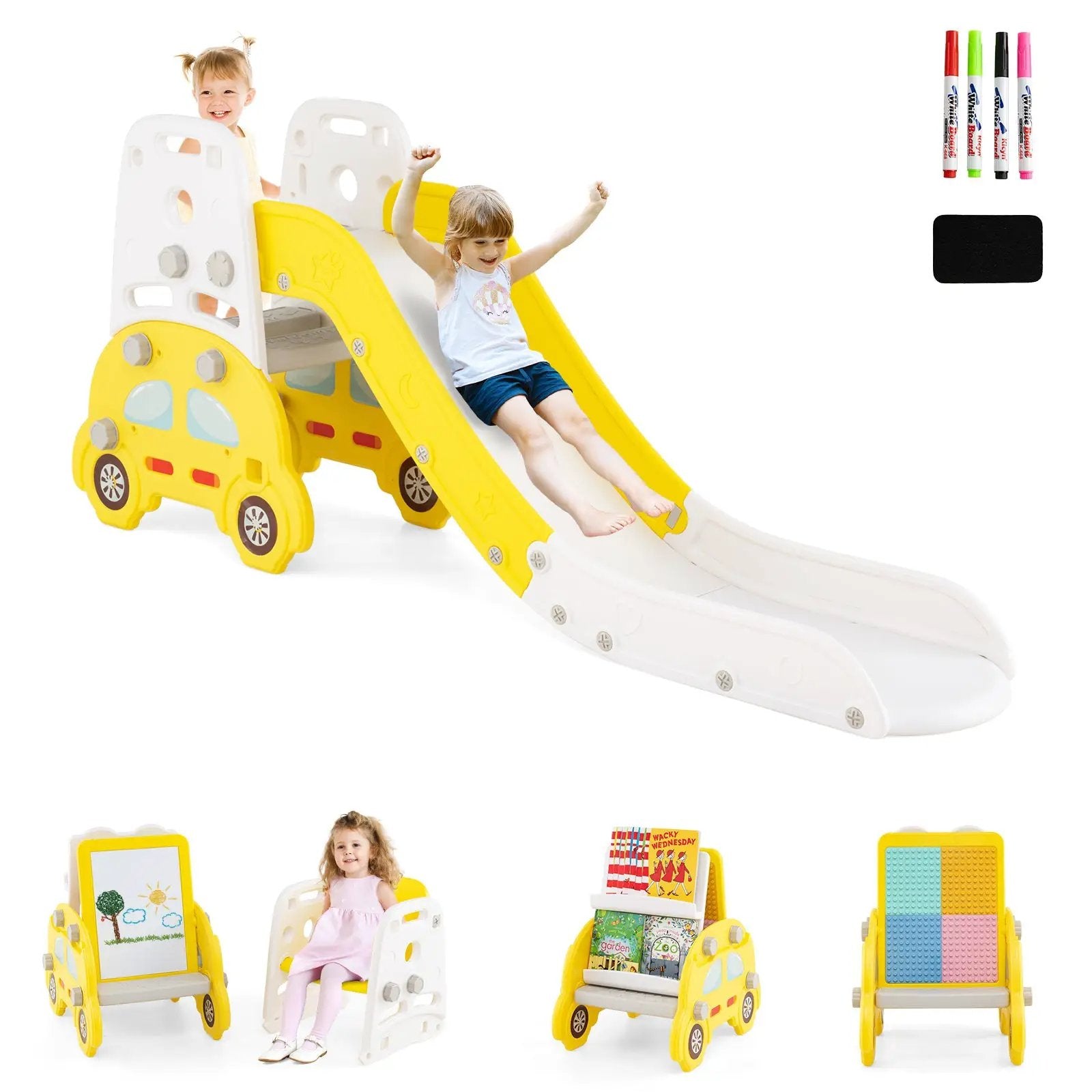 5 in 1 Convertible Toddler Slide Set Kids Art Easel with Stool and Book Rack by DirectDeals