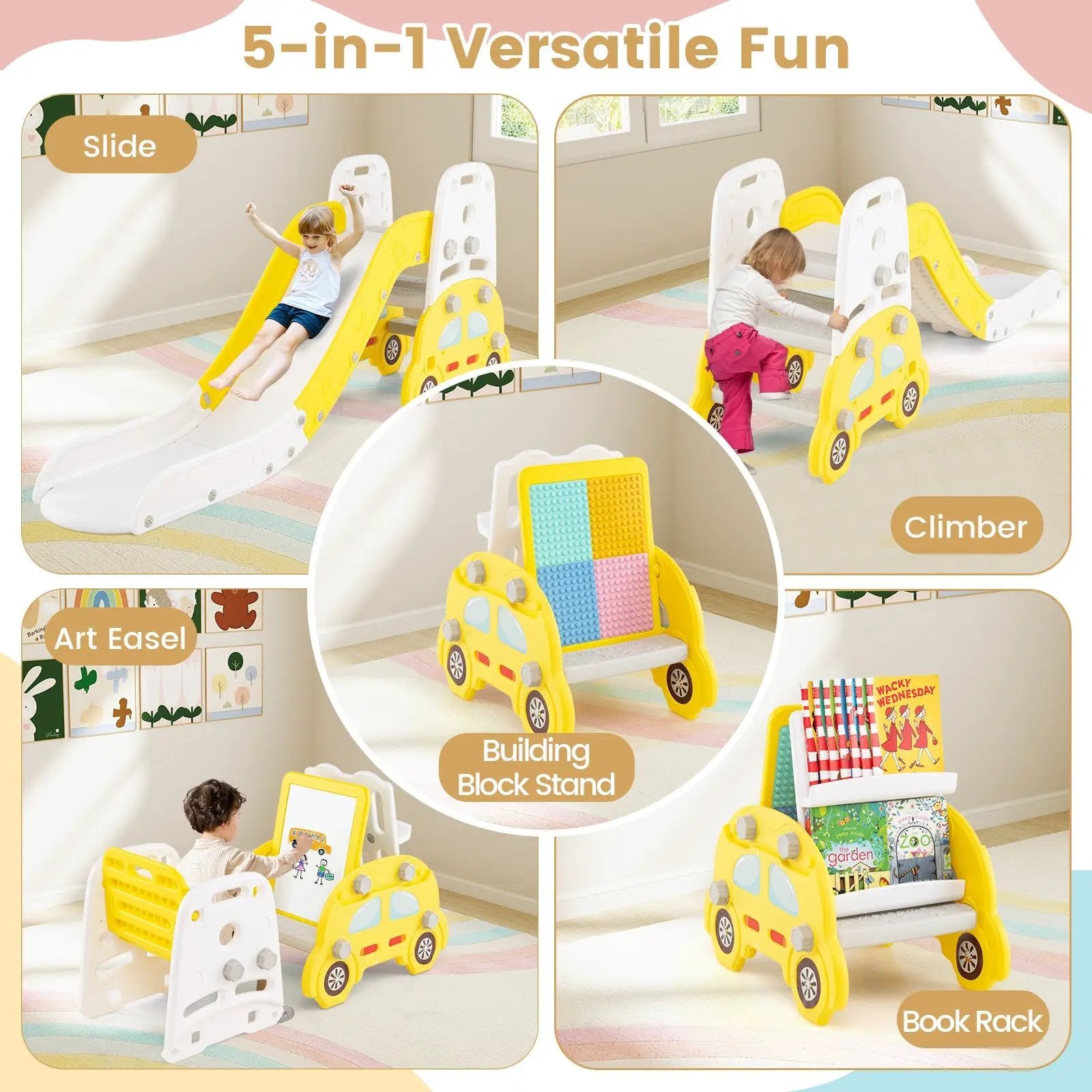 5 in 1 Convertible Toddler Slide Set Kids Art Easel with Stool and Book Rack by DirectDeals