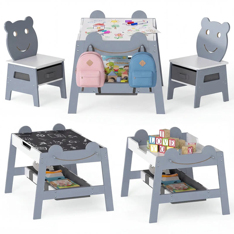 5-in-1 Toddler Table and 2 Chairs Cute Art Desk Set with Reversible Chalkboard Whiteboard by DirectDeals