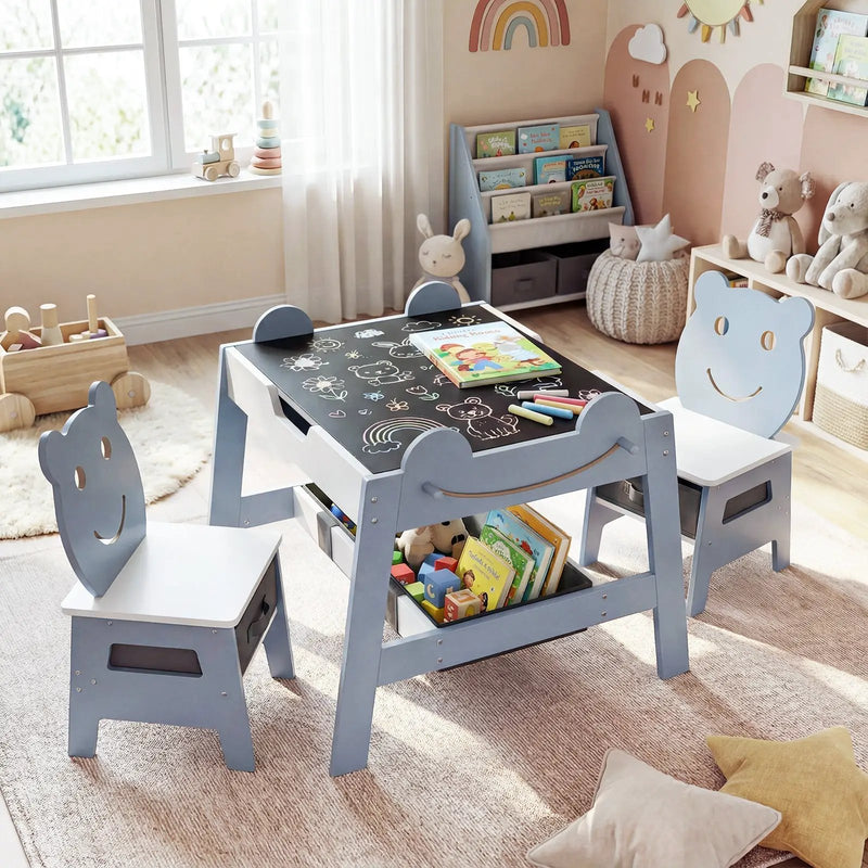 5-in-1 Toddler Table and 2 Chairs Cute Art Desk Set with Reversible Chalkboard Whiteboard by DirectDeals