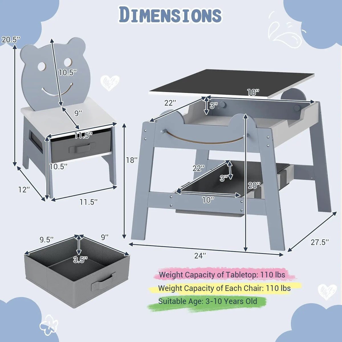 5-in-1 Toddler Table and 2 Chairs Cute Art Desk Set with Reversible Chalkboard Whiteboard, photo 8 of 16