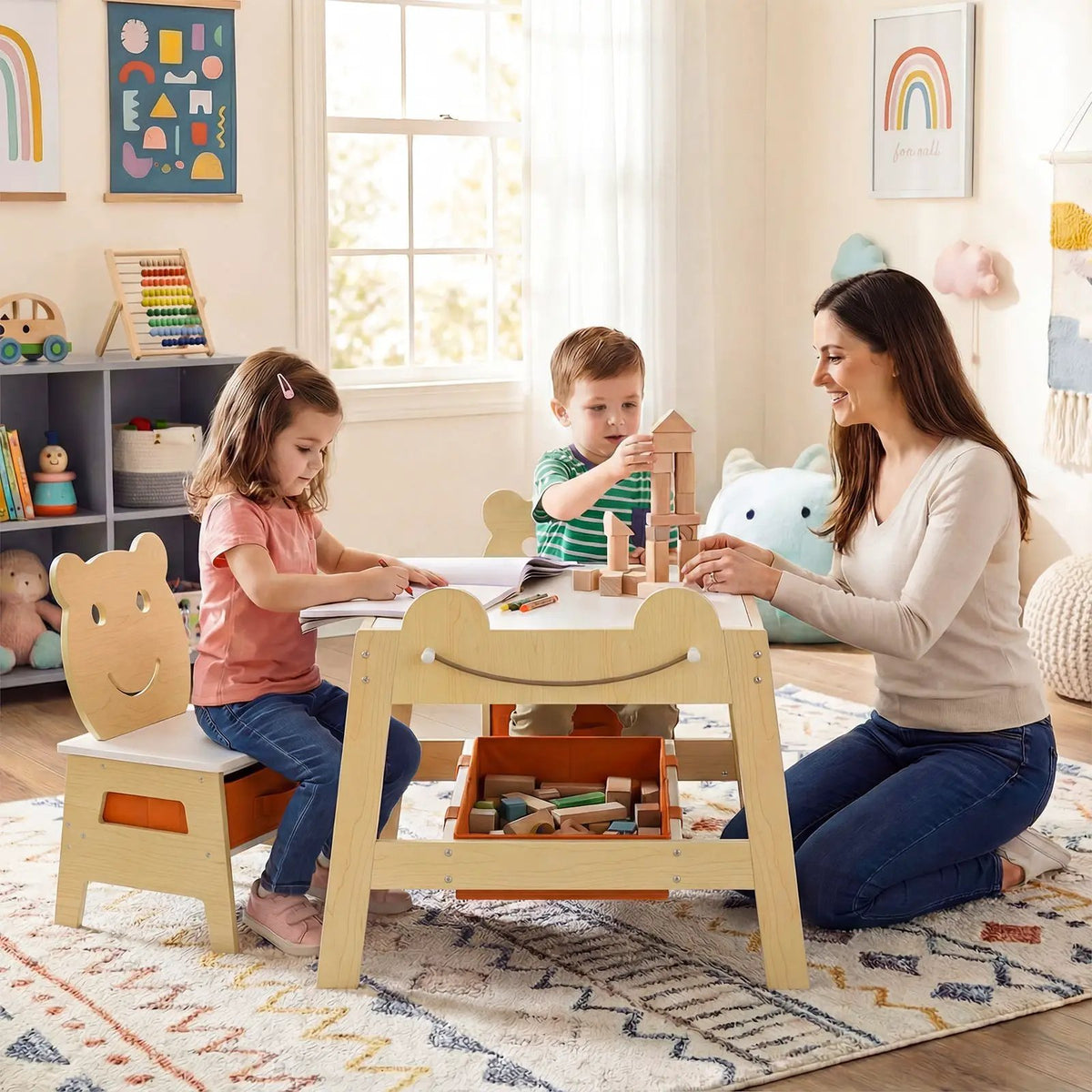 5-in-1 Toddler Table and 2 Chairs Cute Art Desk Set with Reversible Chalkboard Whiteboard, photo 13 of 16