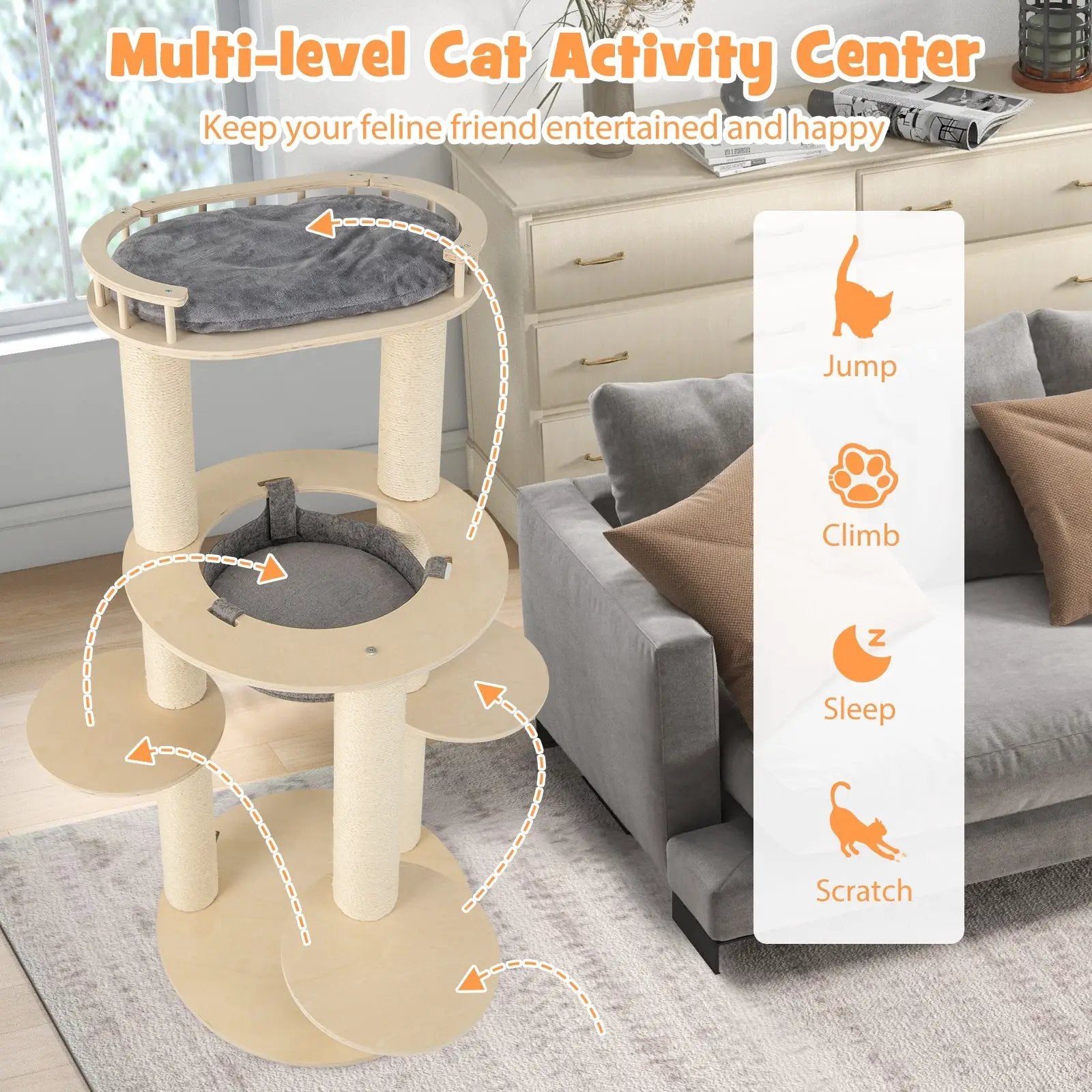 5-level Wooden Cat Tree with Padded Perch Non-woven Hammock-Gray by DirectDeals