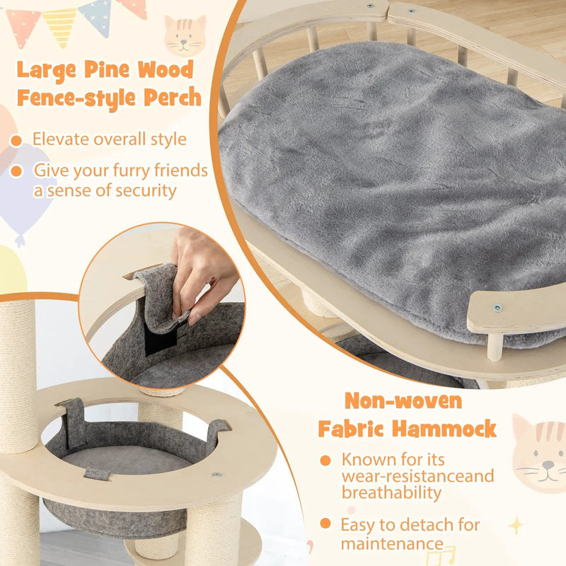 5-level Wooden Cat Tree with Padded Perch Non-woven Hammock-Gray by DirectDeals