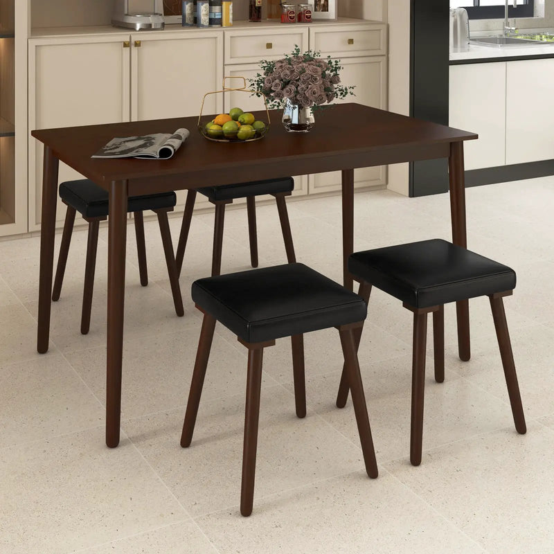 5 Piece Dining Table Set for 4 with 4 Upholstered Stools and Rubber Wood Legs-Brown by DirectDeals