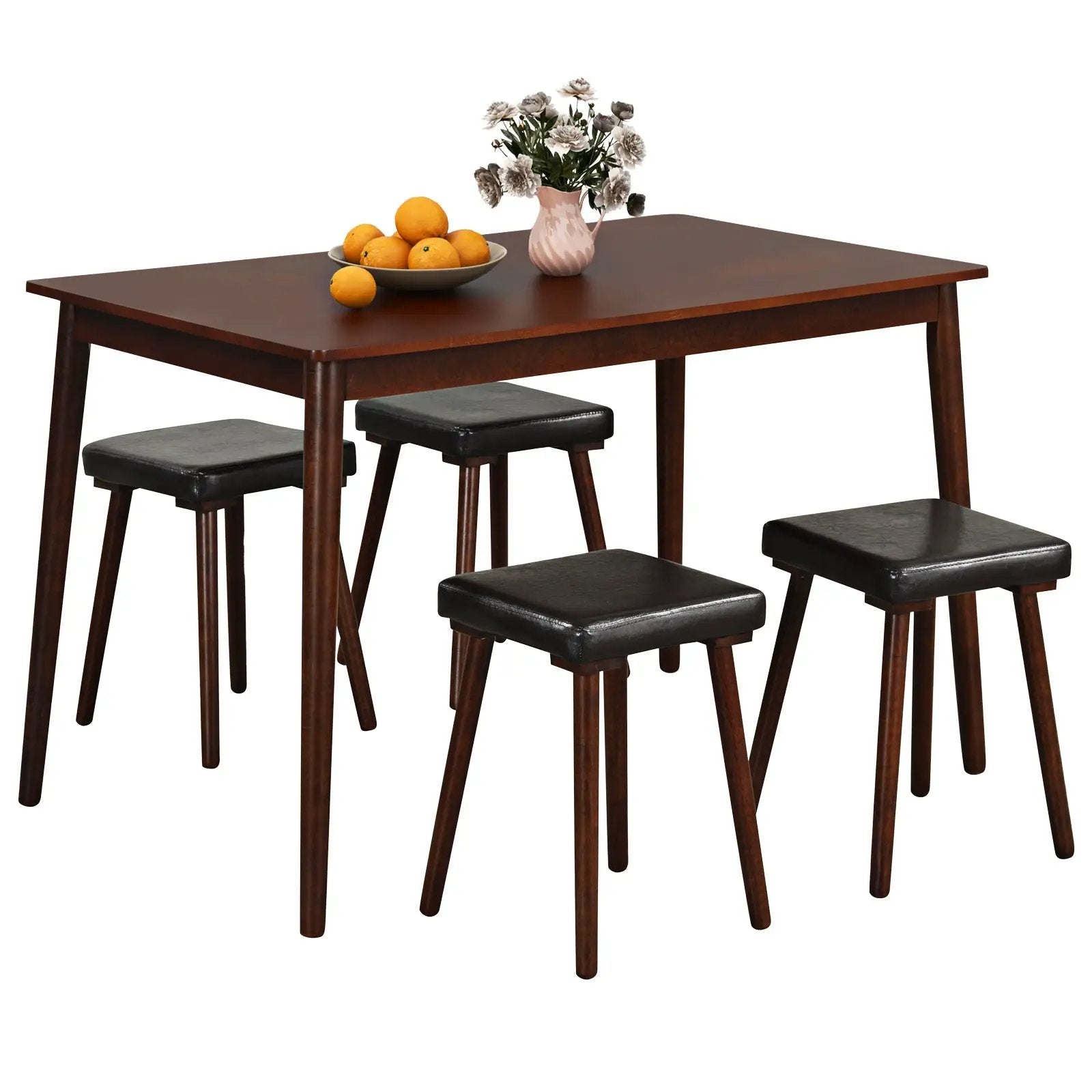 5 Piece Dining Table Set for 4 with 4 Upholstered Stools and Rubber Wood Legs-Brown by DirectDeals