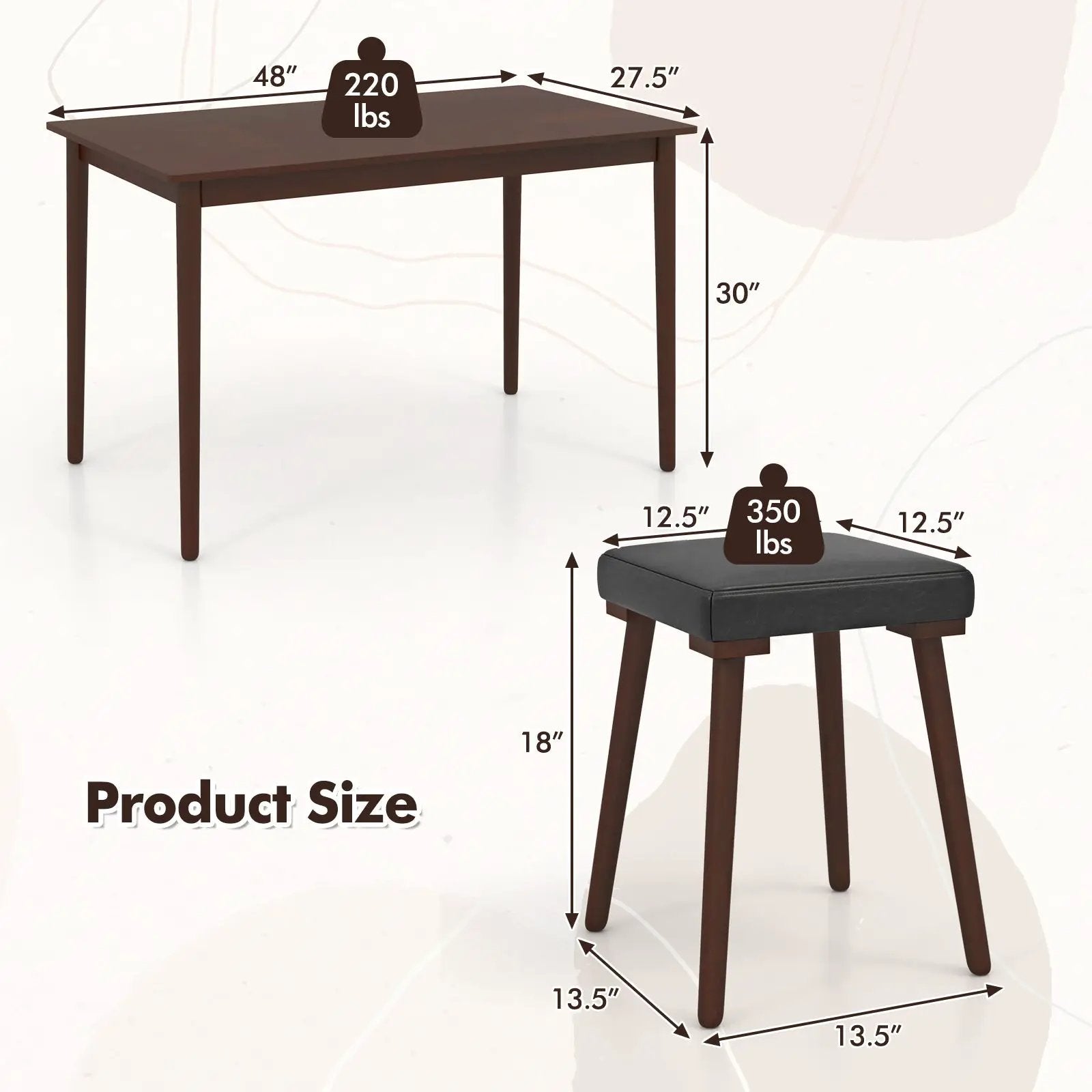 5 Piece Dining Table Set for 4 with 4 Upholstered Stools and Rubber Wood Legs-Brown by DirectDeals