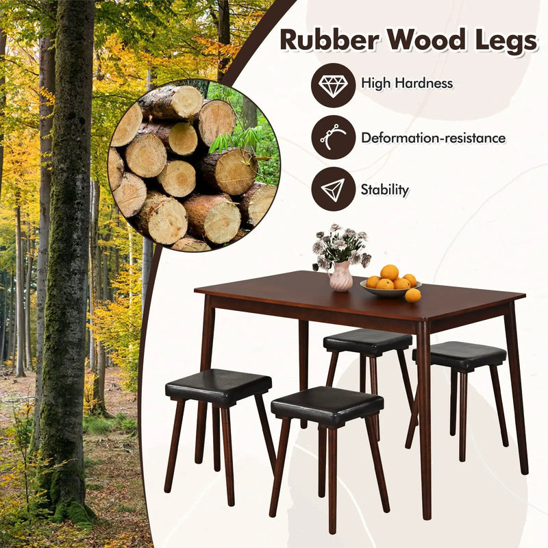5 Piece Dining Table Set for 4 with 4 Upholstered Stools and Rubber Wood Legs-Brown by DirectDeals