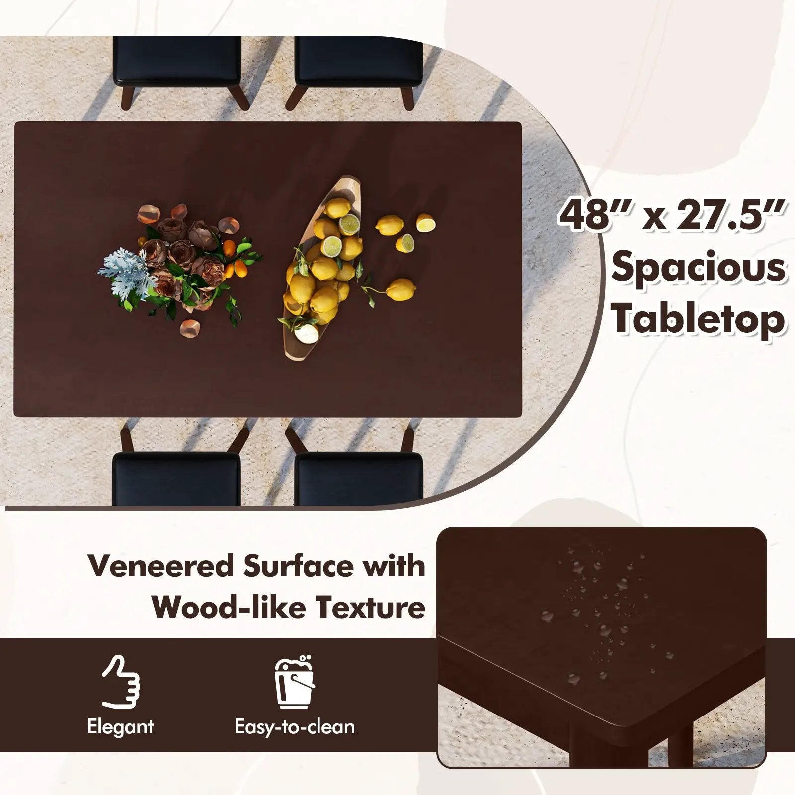 5 Piece Dining Table Set for 4 with 4 Upholstered Stools and Rubber Wood Legs-Brown by DirectDeals