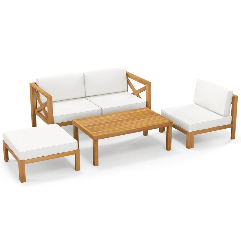 5 Piece Outdoor Conversation Furniture Set with 3 Chairs 1 Ottoman and 1 Coffee Table-White by DirectDeals