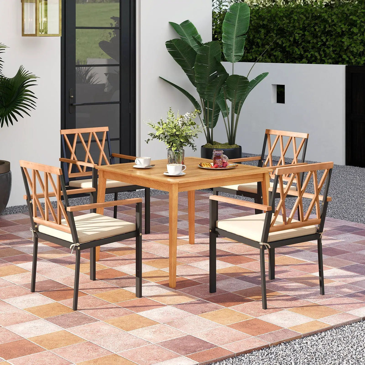 5 Piece Patio Acacia Wood Dining Set Solid Wooden Dining Furniture with Umbrella Hole by DirectDeals