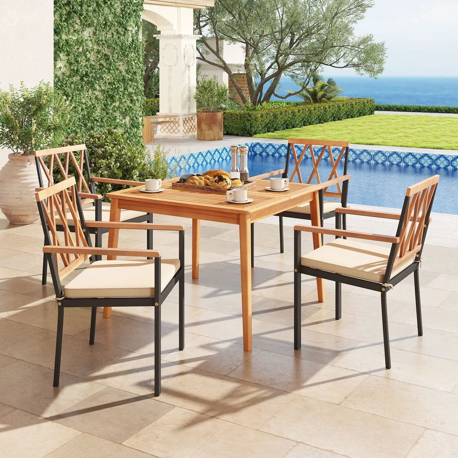 5 Piece Patio Acacia Wood Dining Set Solid Wooden Dining Furniture with Umbrella Hole by DirectDeals