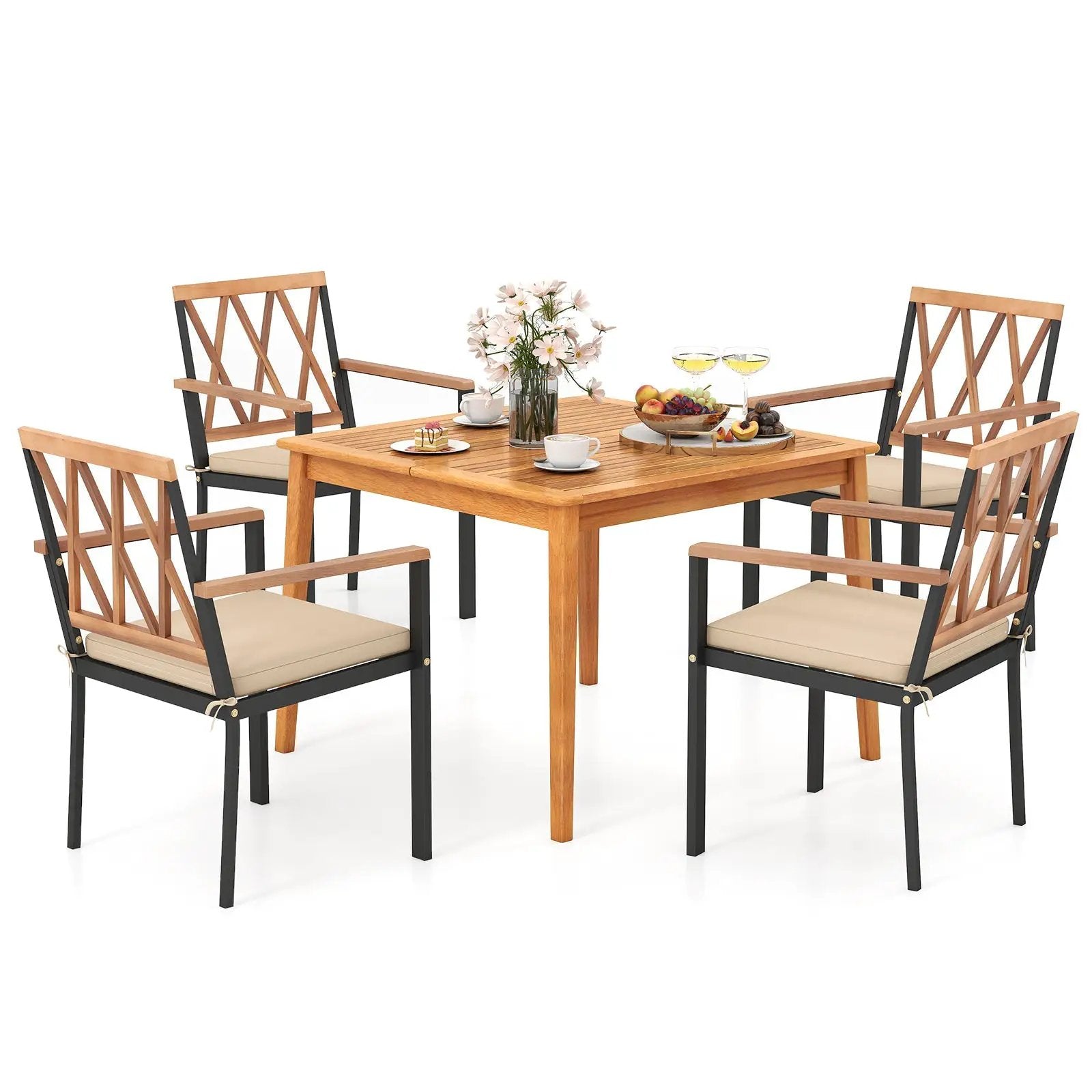 5 Piece Patio Acacia Wood Dining Set Solid Wooden Dining Furniture with Umbrella Hole by DirectDeals