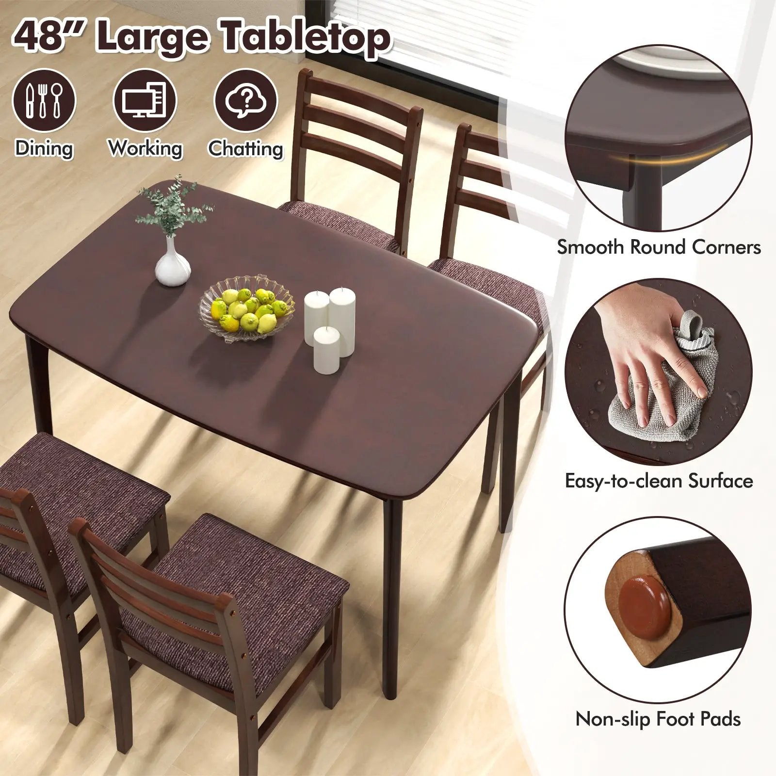 Vintage Wooden Dining Table Set for 4 with Padded Seat and Curved Backrest by DirectDeals