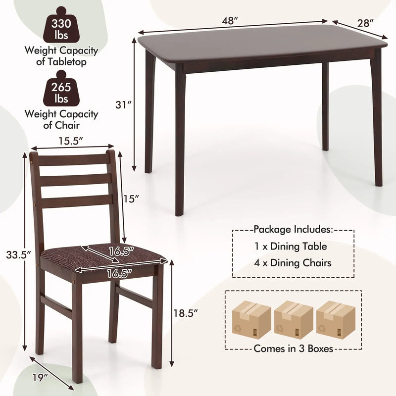 Vintage Wooden Dining Table Set for 4 with Padded Seat and Curved Backrest by DirectDeals