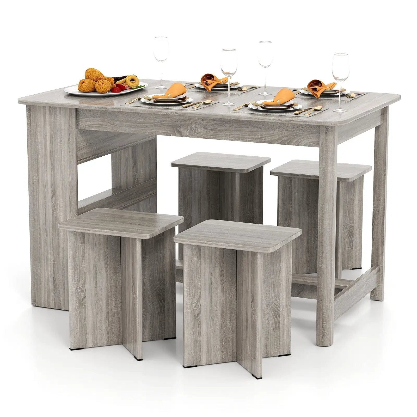 5 Pieces Dining Table Set with Storage Shelf and 4 Stools by DirectDeals
