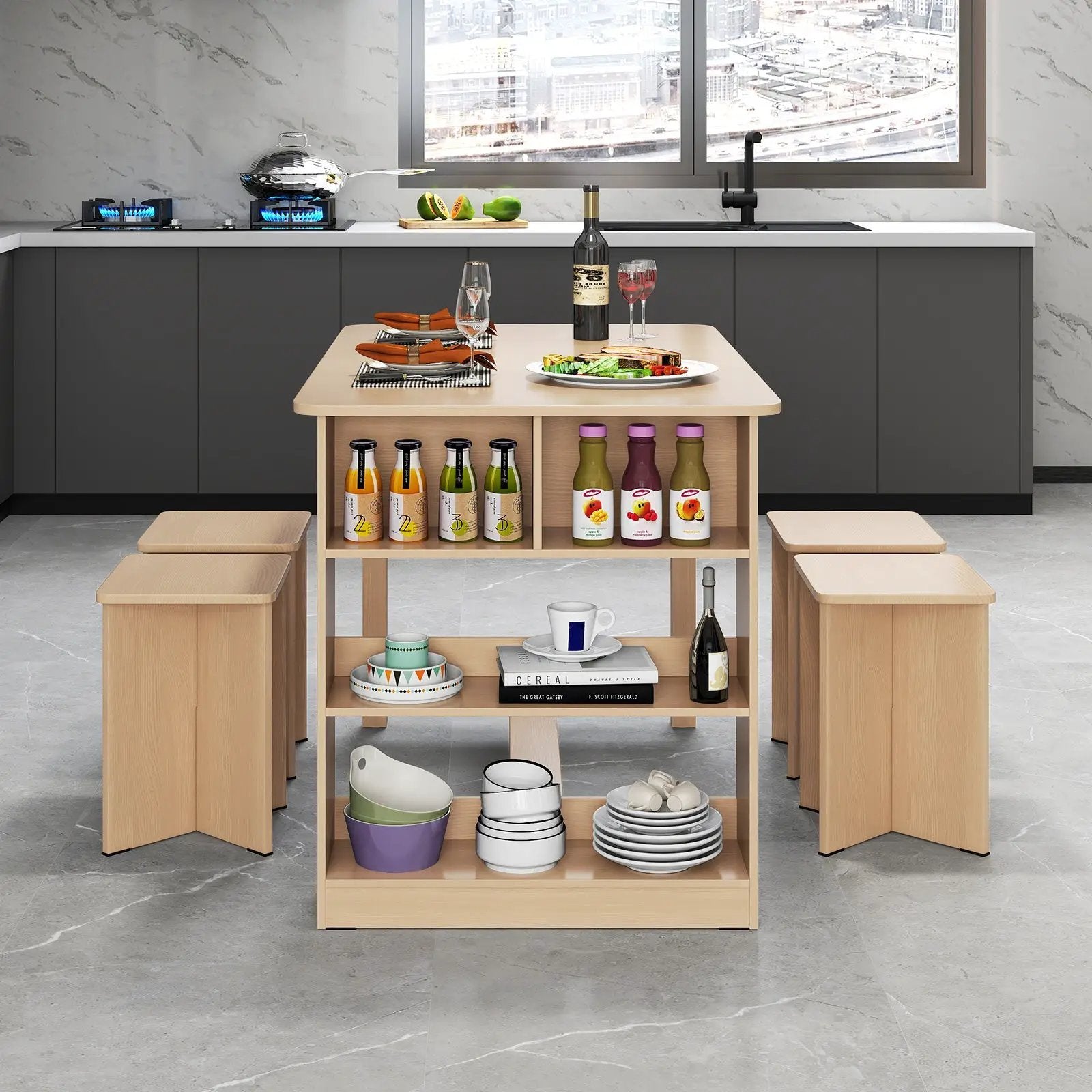 5 Pieces Dining Table Set with Storage Shelf and 4 Stools by DirectDeals