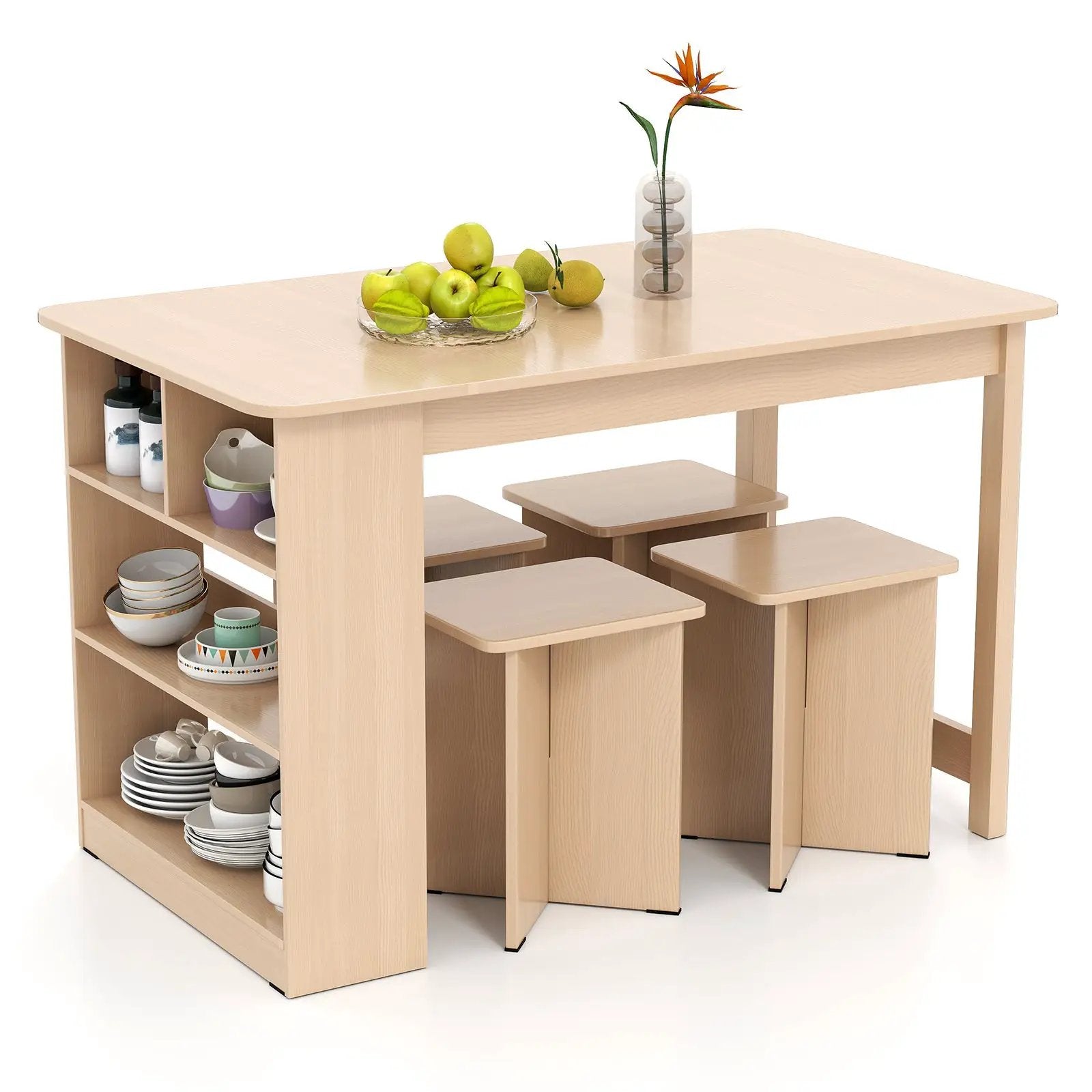 5 Pieces Dining Table Set with Storage Shelf and 4 Stools by DirectDeals