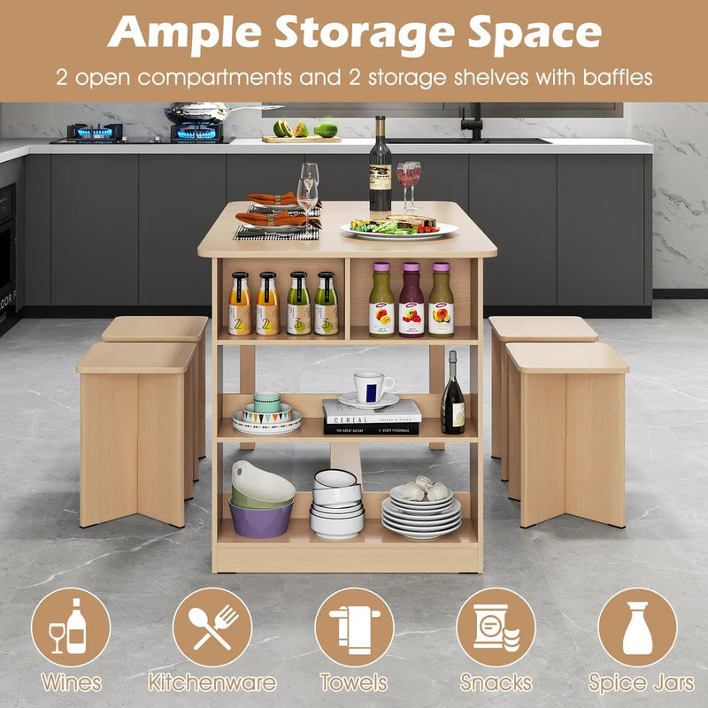 5 Pieces Dining Table Set with Storage Shelf and 4 Stools by DirectDeals