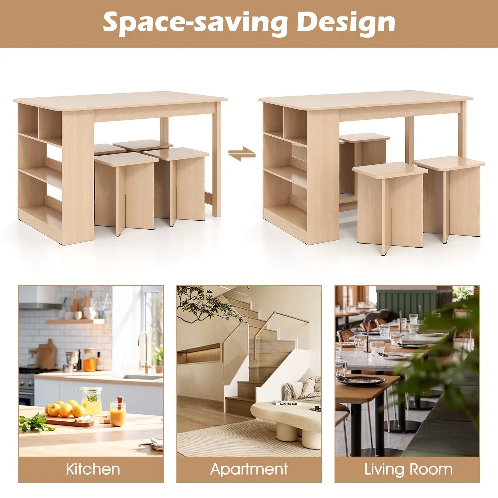 5 Pieces Dining Table Set with Storage Shelf and 4 Stools by DirectDeals