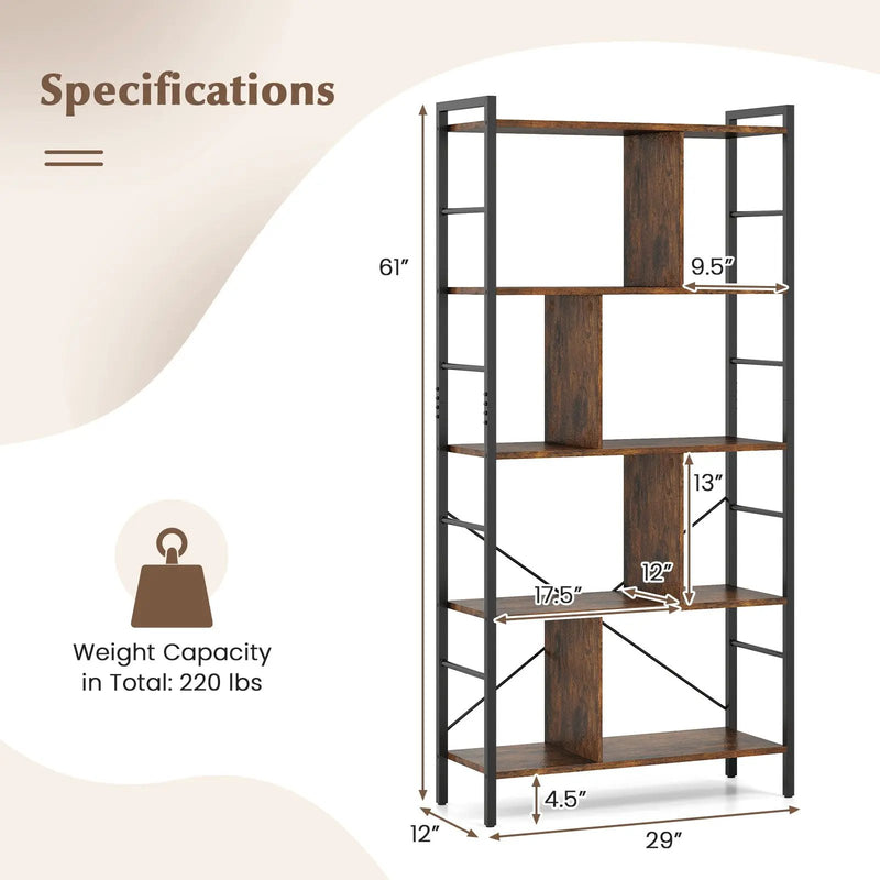 5-tier Bookcase 61 Inch Tall Industrial Bookshelf with Metal Frame by DirectDeals