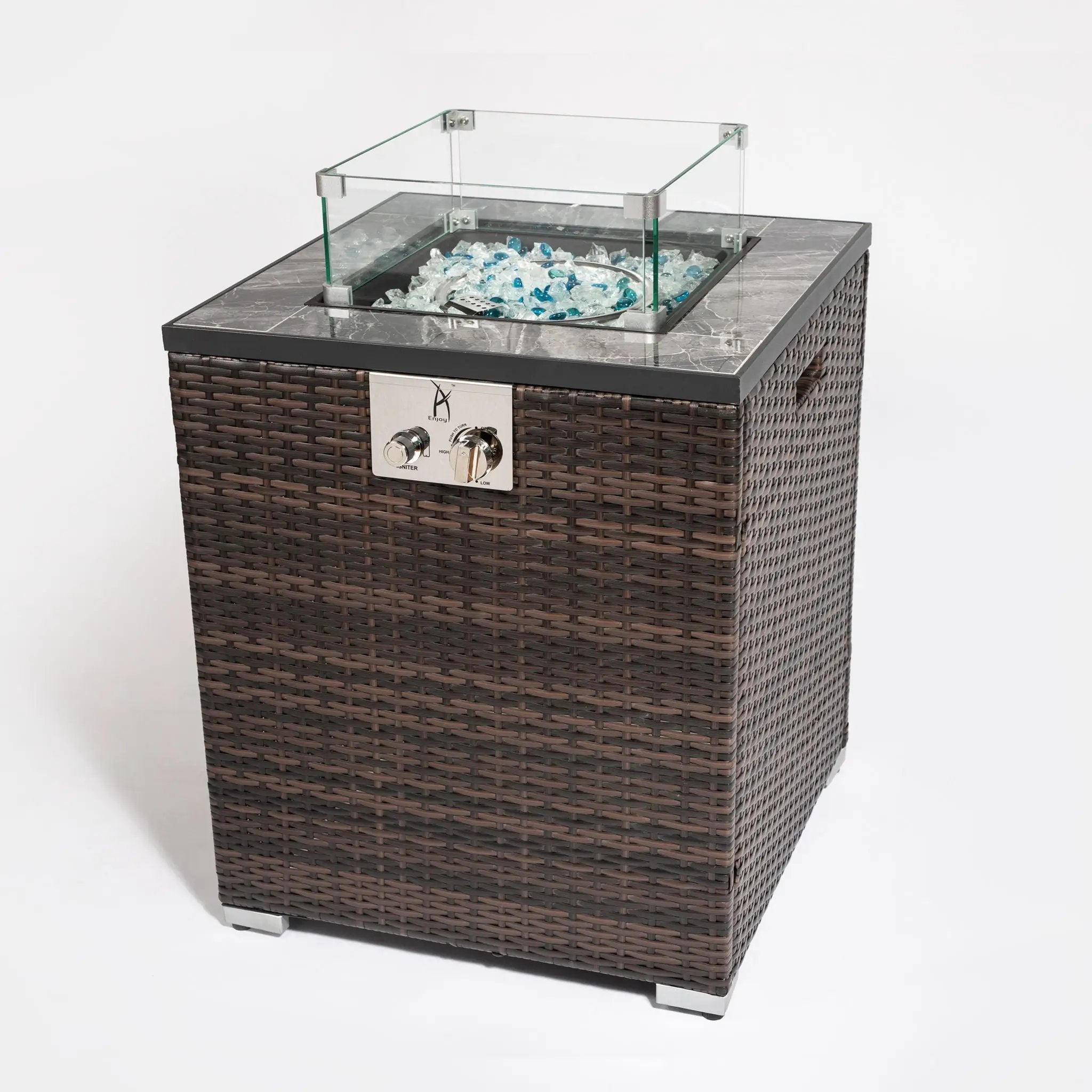 Propane Gas Square Fire Pit, Tile Tabletop With Beautiful Wicker Base For Outside by HouseOfZazla
