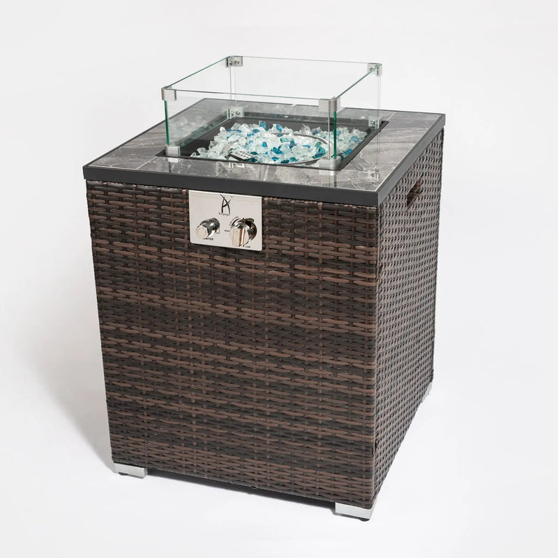 Propane Gas Square Fire Pit, Tile Tabletop With Beautiful Wicker Base For Outside by HouseOfZazla