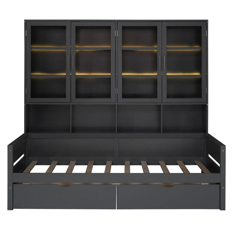 Daybed With Glass Door Storage Cabinets, Built In LED Lighting And Shelves by HouseOfZazla