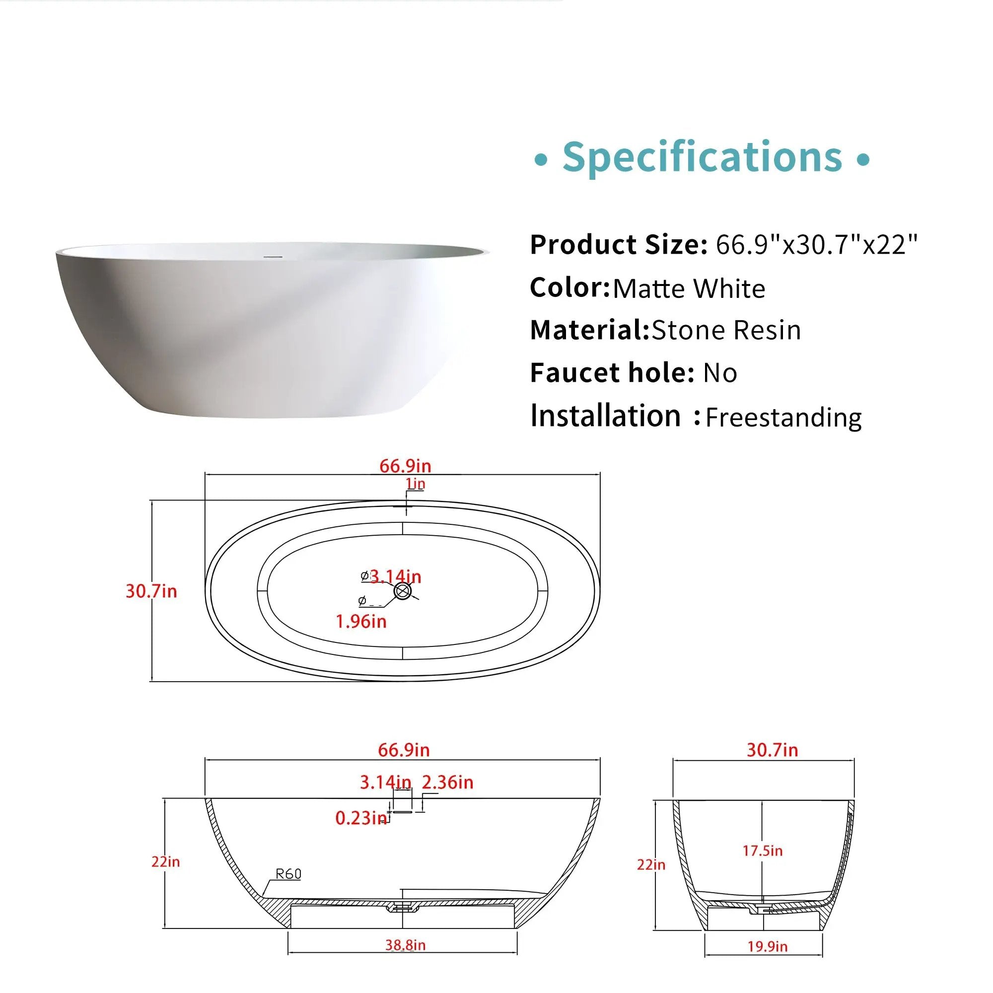 66.9″ Solid Surface Matte Tub - Freestanding Soaking Bathtub by HouseOfZazla
