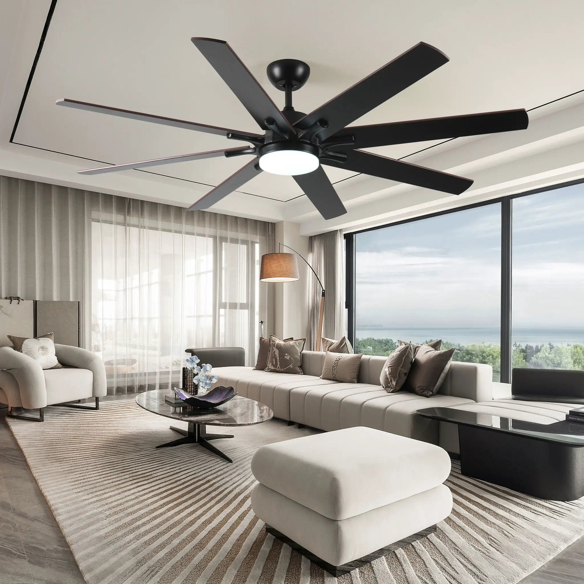 Large Ceiling Fans With Lights And Remote, Indoor / Outdoor Modern Ceiling Fan For Kitchen Living Room Patio, 6 Speed Reversible Quiet DC Motor, Dual Finish 8 Blades - Black by Unique Piece Furniture